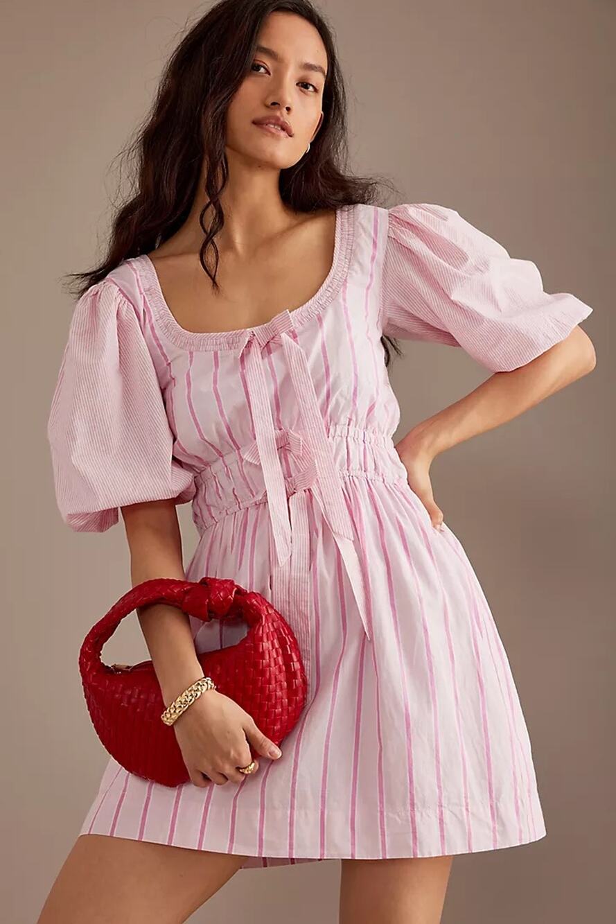 Damson Madder Amelie Puff Dress | Pink Stripe and Bows Sz US 4, UK 8 NWT
